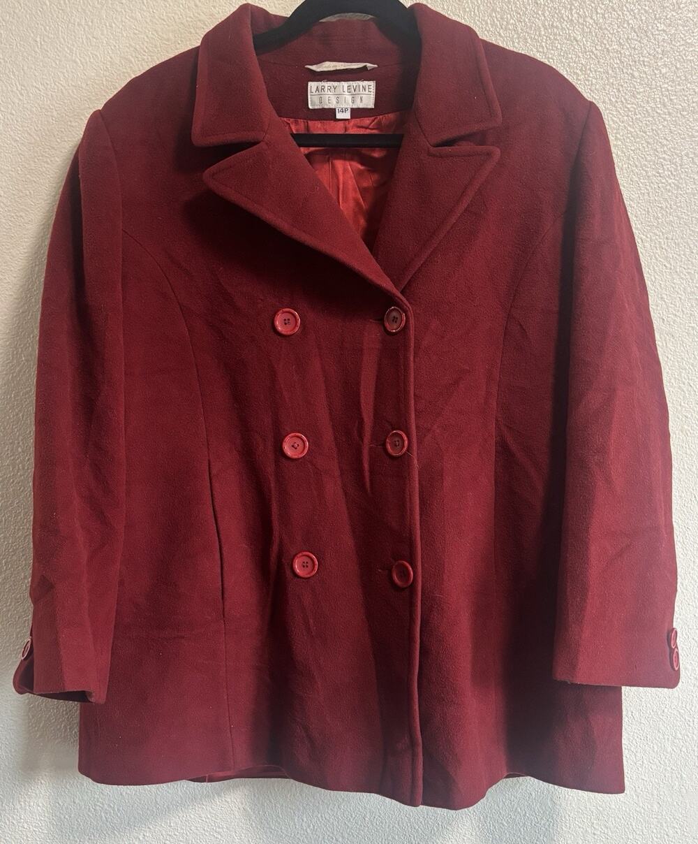 Larry Levine 100% Merino Wool Red Pea Coat Double Breasted Classy Prep Size 14P